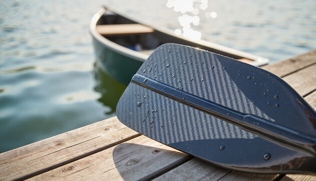 Paddle leaning on canoe at wooden pier by calm water surface  