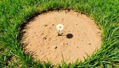 Patch of dry grass in green lawn with daisy flower in center  