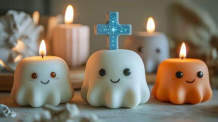 Cute ghost-shaped candles with smiley faces and a glowing cross on top, soft candlelight ambiance for holiday or spiritual d?cor