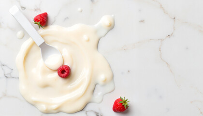 Plastic spoon in spilled yogurt with raspberries on marble surface  