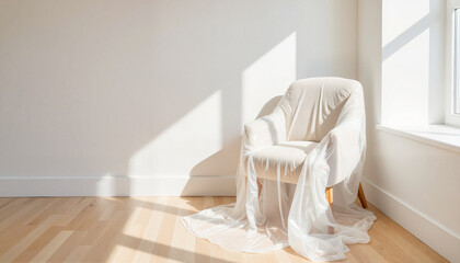 Cozy armchair draped with fabric in bright, minimalist room  