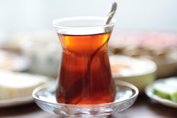 turkish cup of tea with breakfast teapot	