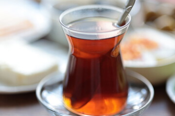 turkish cup of tea with breakfast teapot	