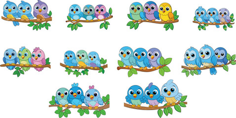 Obraz premium Three colorful parrots sitting on branch set vector illustration