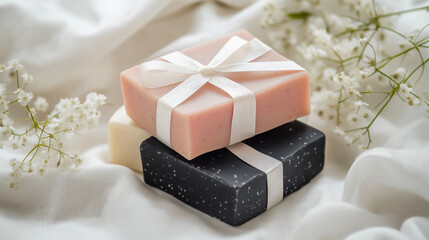 Stacked gift soap bars with ribbon and flowers.
Three handmade soap bars in pink, black with white specks, and ivory are tied with ribbon and placed on soft fabric with baby’s breath flowers
