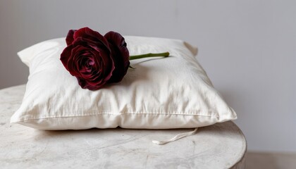 Elegant red rose on soft pillowcase arranged for romantic setting in interior