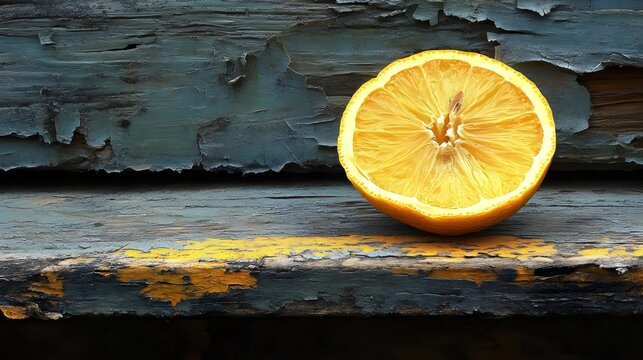 A bright yellow lemon half rests against weathered, peeling blue and yellow wood.