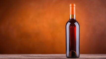 Rich red wine bottle on wooden table against warm orange background