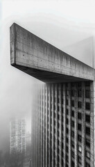 Fototapeta premium Modern concrete building with an overhanging top structure in a foggy city skyline