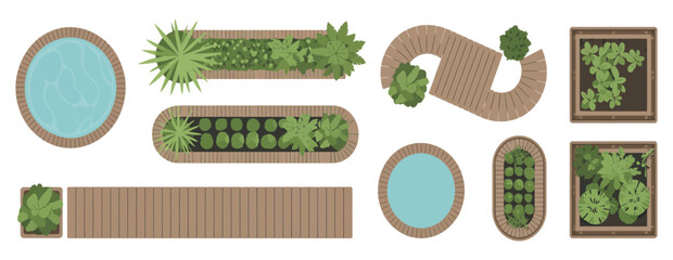 Garden Design Elements Top View with Pools Wooden Paths and Potted Plants for Landscaping and Architectural Planning Isolated on White Background © MOHAMMAD
