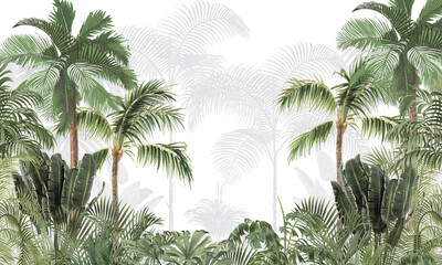 Subtle Green Tropical Landscape Wallpaper: Gentle Palm Trees & Faded Foliage Design © csinie1
