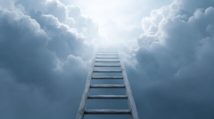 Fototapeta premium Weathered wooden ladder ascending through misty clouds, vanishing into luminous brightness, representing spiritual journey and transcendence
