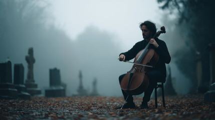 Obraz premium Cellist performing amid fallen autumn leaves, producing somber melody within misty cemetery landscape. Melancholic musical moment