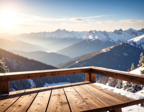Mountaintop wooden balcony at sunset