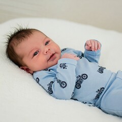 newborn baby lying down with light blue pajamas and smiling face