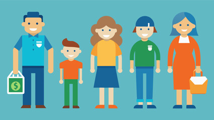 A collection of paper dolls each representing a different demographic affected by the rising grocery prices with their prices for essential items written on their clothing.. Vector illustration