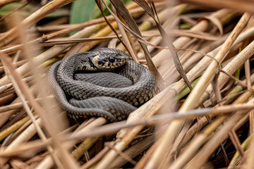 Close-up of a grass snake (Natrix natrix) coiled in dry reeds. Detailed wildlife photo of non-venomous European snake in natural habitat. Ideal for nature and reptile themes.