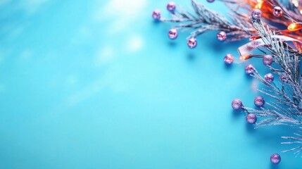 Fototapeta premium Bright holiday decorations with purple baubles and lights on a blue background