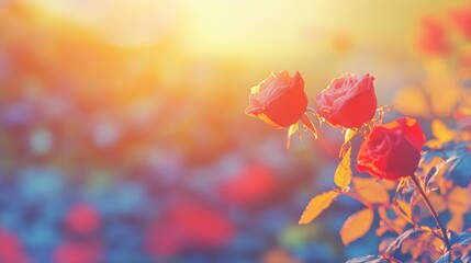 Obraz premium Roses bathed in golden sunlight during a serene evening in nature