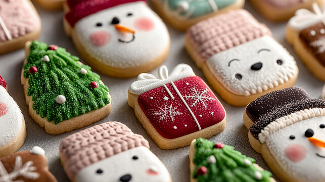Festively decorated Christmas cookies with holiday and snowman designs