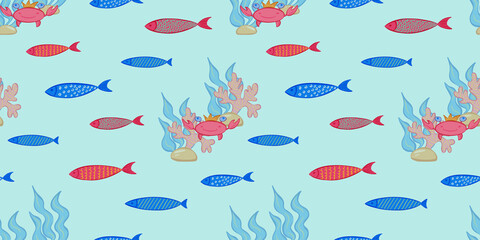 Colorful sea life seamless pattern with fish and coral design