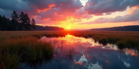 Obraz premium Tranquil Foulshaw Moss bogland, sunset reflections , natural, UK