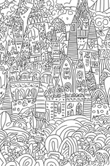 Obraz premium Enchanted Castle with Towers and Flags coloring page