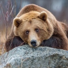 Obraz premium A Brown Bear Resting on Rock, Calmly Gazing