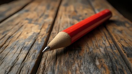 Obraz premium A vibrant red pencil, resting on aged, textured wooden planks.