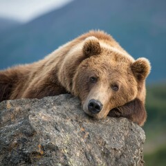 A majestic grizzly bear resting peacefully on a rock, with mountain visible in the blurred distance