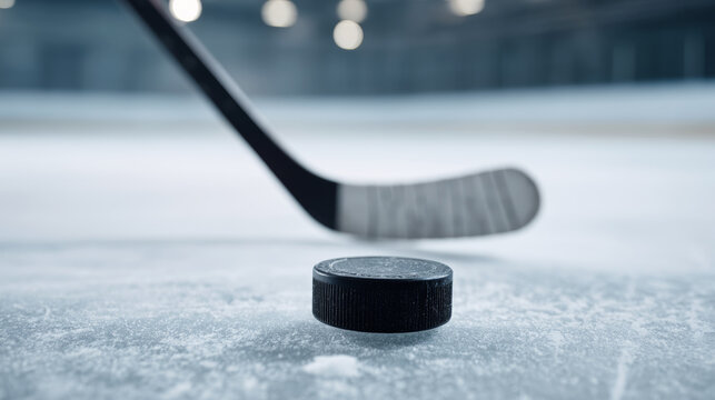 Hockey stick and puck lying on frosty ice surface, capturing pre game tension and sporting energy