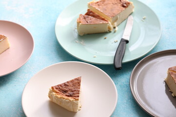 San Sebastian cheesecake on plate in restaurant in close-up	