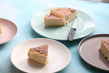San Sebastian cheesecake on plate in restaurant in close-up	