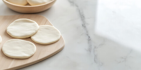 Dough circles are neatly arranged on a wooden board on a marble surface. Cooking preparation, pastry, baking basics