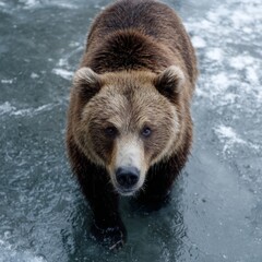 Obraz premium A majestic brown bear confidently walking towards the viewer, its eyes fixed forward. The bear’s powerful presence is evident, highlighting its wild nature
