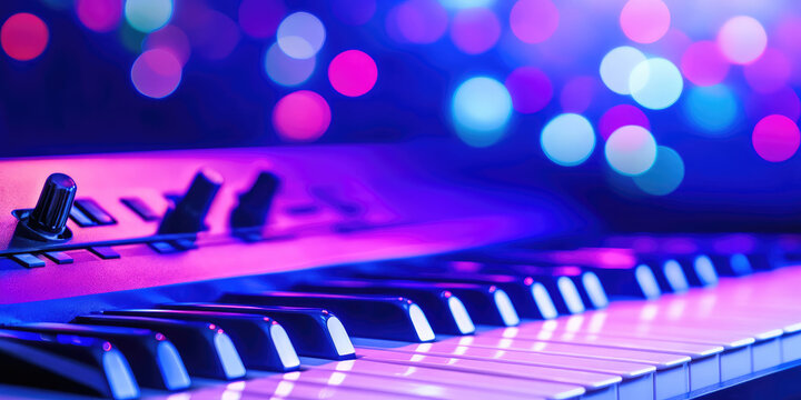 Keyboard glowing under colorful bokeh lights, creating a vibrant musical atmosphere. Piano keys, colorful lights, music scene
