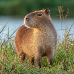 Fototapeta premium Capybara standing in the grass near the water. The capybara is a large rodent native to South America
