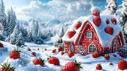 A whimsical snow-covered house with a red, strawberry-themed design is surrounded by oversized strawberries scattered 