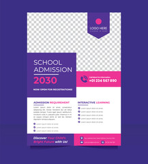School Admission Flyer Pink Purple Design, Modern school admission flyer with pink and purple, editable text layout.