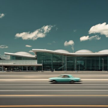 A vintage car drives past a modern airport terminal under a partly cloudy sky