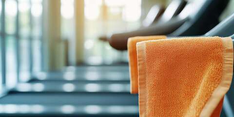 An orange towel is hanging on a treadmill in a well-lit gym. Fitness and exercise setting