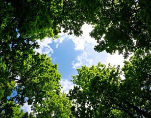 Fototapeta premium Lush foliage frames a vibrant sky
