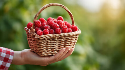 Hand holding wicker basket full of ripe raspberries, freshly picked in garden, soft golden light, blurred greenery