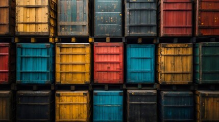 Fototapeta premium A striking display of colorful, aged wooden crates stacked in an organized pattern.
