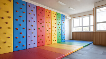 Rainbow climbing wall and soft mats in an empty kids gym with bright ambient light ensuring a safe and fun environment