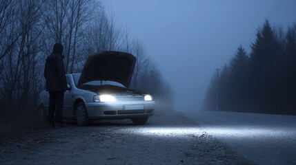 Driver examining car engine during nighttime breakdown, flashlight illuminating mechanical issue through dense roadside fog