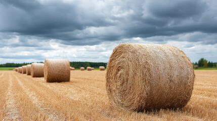 Harvested hay bales scattered across golden stubble field, soft cloudscape highlighting rural tranquility under warm evening lighting