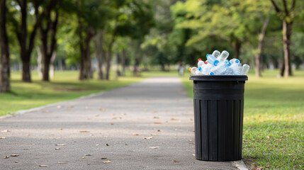 Overflowing trash bin full of plastic bottles in urban park, representing environmental issues on a sunny day