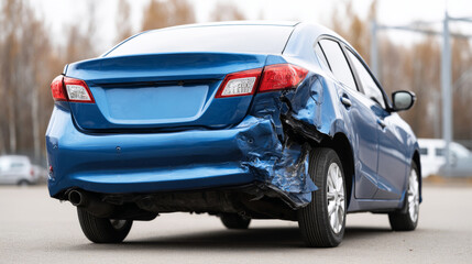 Damaged blue sedan rear bumper and taillight, revealing impact of vehicle collision and potential insurance claim scenario