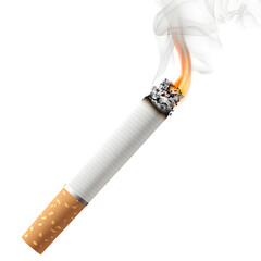 A burning cigarette, isolated on transparent background, emits a wisp of grey smoke against a stark white backdrop
